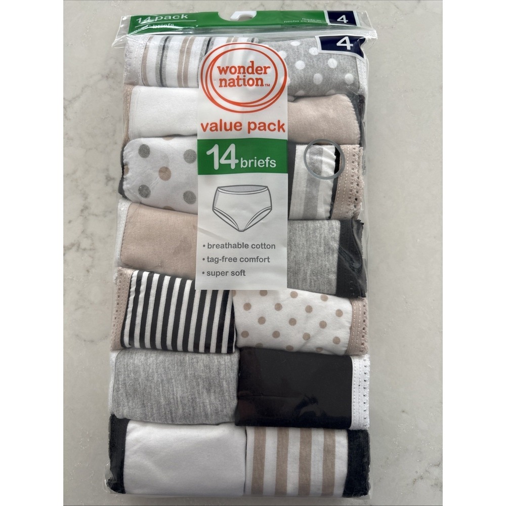 Wonder Nation Girls Briefs Underwear 14 pairs Size 4 Cotton Gray White‎ Tan Dots